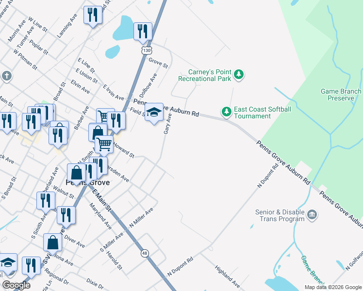 map of restaurants, bars, coffee shops, grocery stores, and more near 150 Penns Grove Auburn Road in Penns Grove