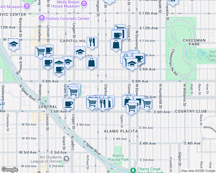 map of restaurants, bars, coffee shops, grocery stores, and more near 790 North Clarkson street in Denver