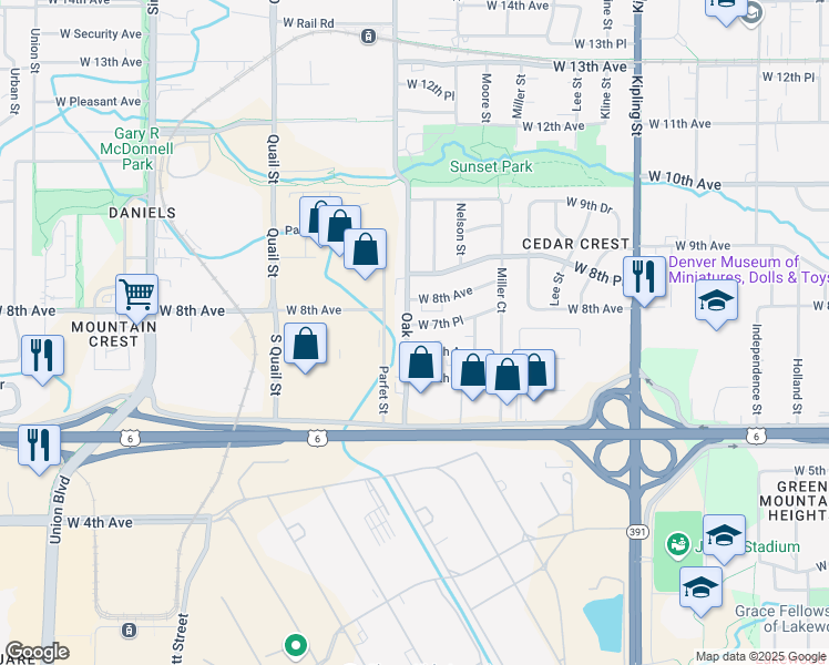 map of restaurants, bars, coffee shops, grocery stores, and more near 720 Oak Street in Lakewood