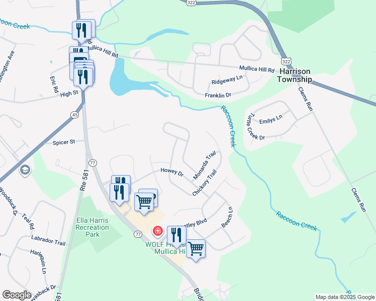 map of restaurants, bars, coffee shops, grocery stores, and more near 422 Woodruff Trail in Harrison Township