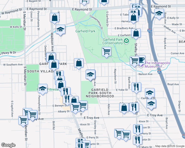map of restaurants, bars, coffee shops, grocery stores, and more near 2631 Stanley Avenue in Indianapolis