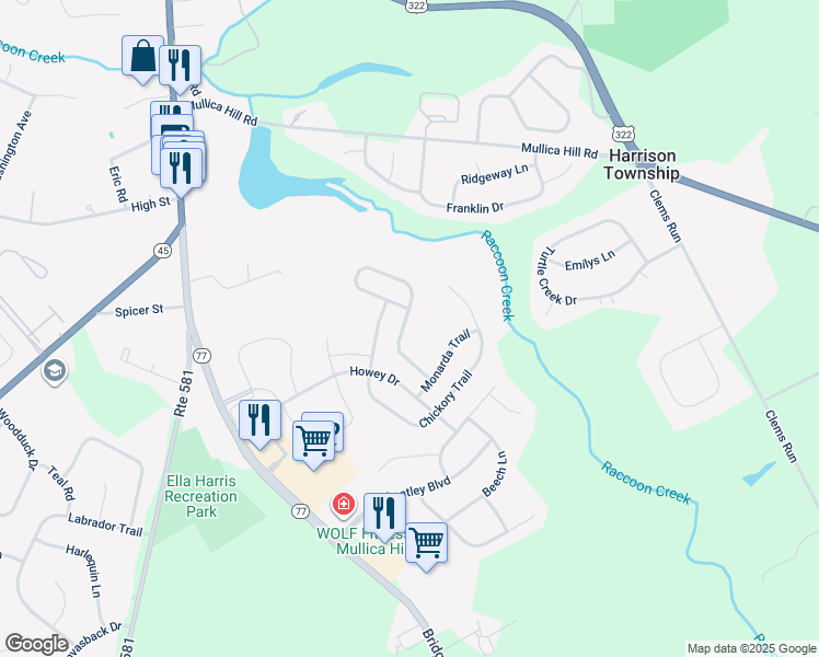 map of restaurants, bars, coffee shops, grocery stores, and more near 422 Woodruff Trail in Harrison Township