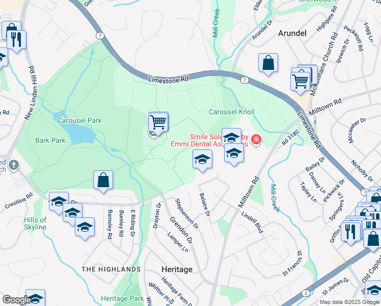 map of restaurants, bars, coffee shops, grocery stores, and more near 1801 Milltown Road in Wilmington