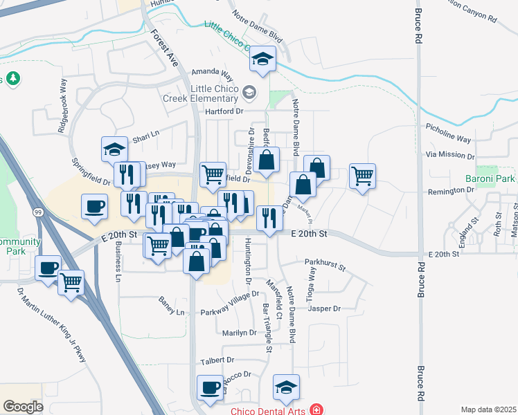 map of restaurants, bars, coffee shops, grocery stores, and more near 2080 East 20th Street in Chico