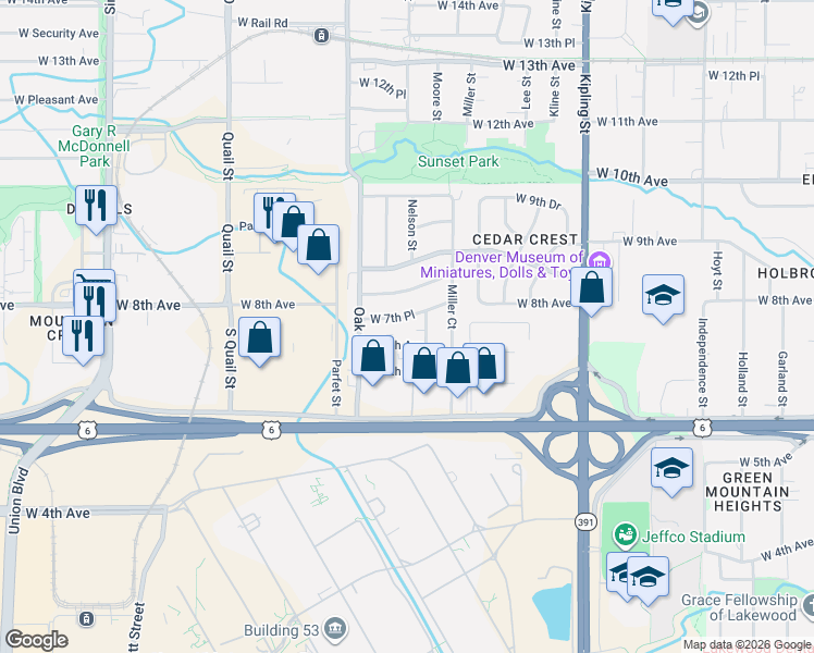 map of restaurants, bars, coffee shops, grocery stores, and more near 10610 West 7th Place in Lakewood