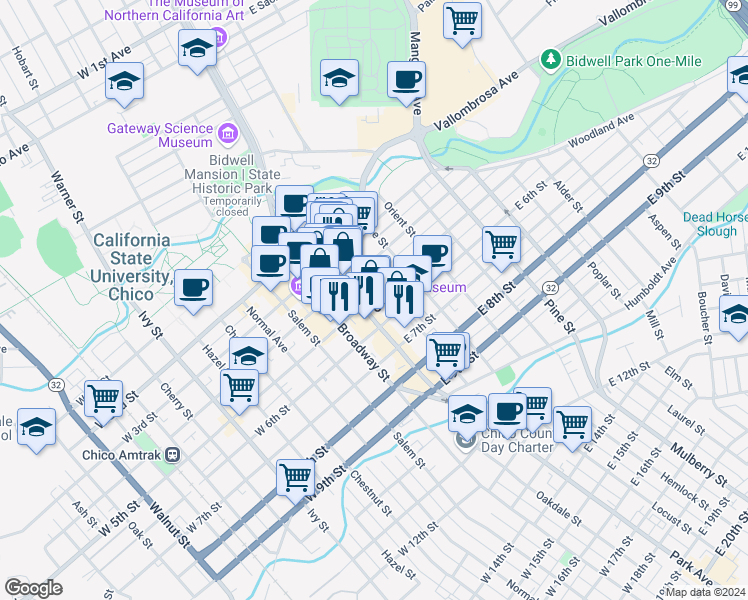map of restaurants, bars, coffee shops, grocery stores, and more near 120 West 2nd Street in Chico