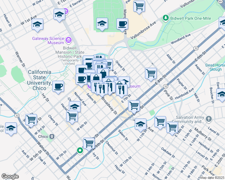 map of restaurants, bars, coffee shops, grocery stores, and more near 101 East 5th Street in Chico