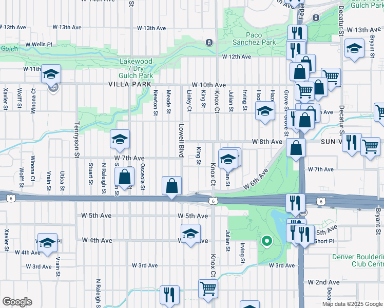 map of restaurants, bars, coffee shops, grocery stores, and more near 3636 West 8th Avenue in Denver