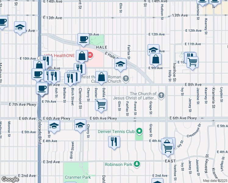 map of restaurants, bars, coffee shops, grocery stores, and more near 783 Elm Street in Denver