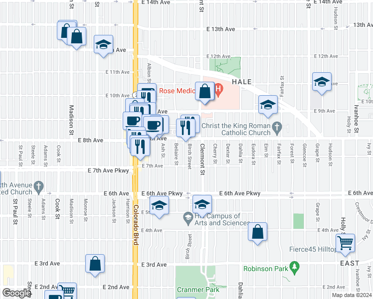 map of restaurants, bars, coffee shops, grocery stores, and more near 4300 East 8th Avenue in Denver