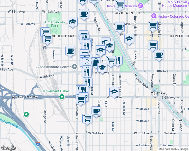 map of restaurants, bars, coffee shops, grocery stores, and more near in Denver