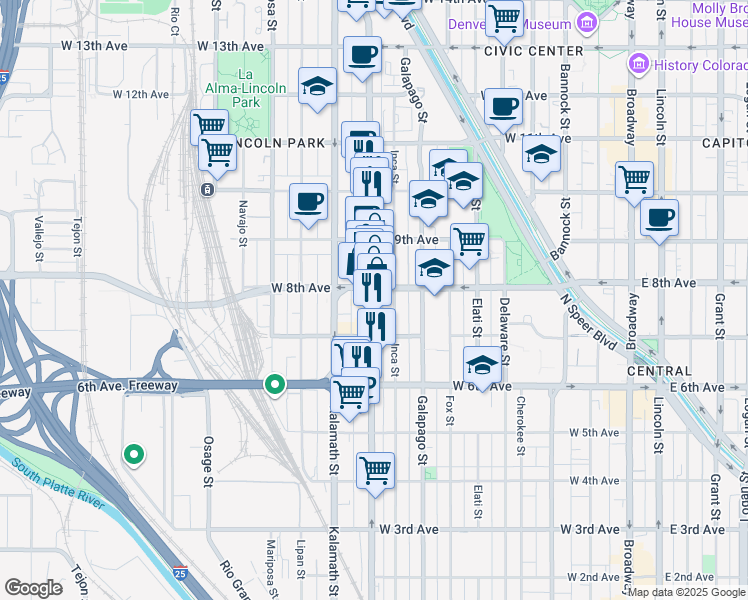 map of restaurants, bars, coffee shops, grocery stores, and more near in Denver