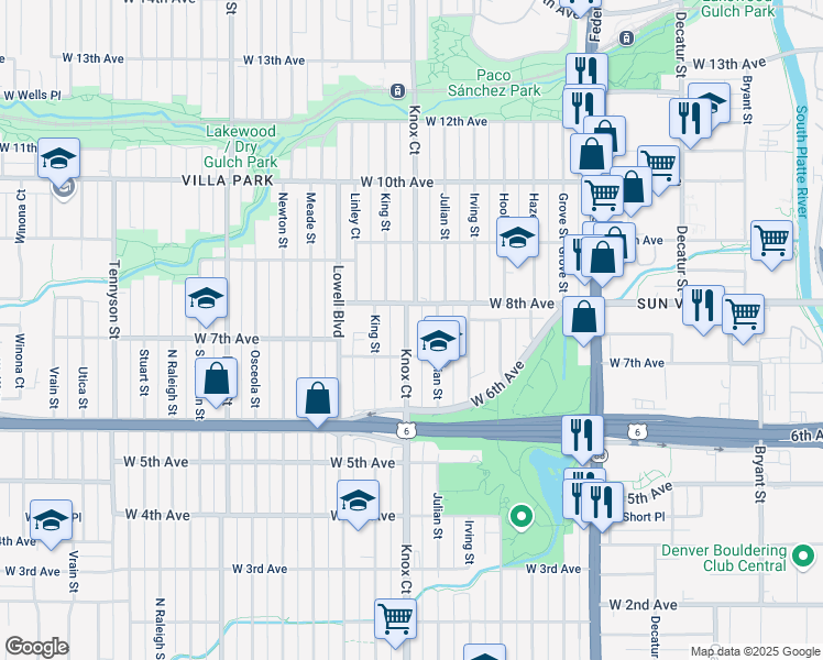 map of restaurants, bars, coffee shops, grocery stores, and more near 3456 West 8th Avenue in Denver