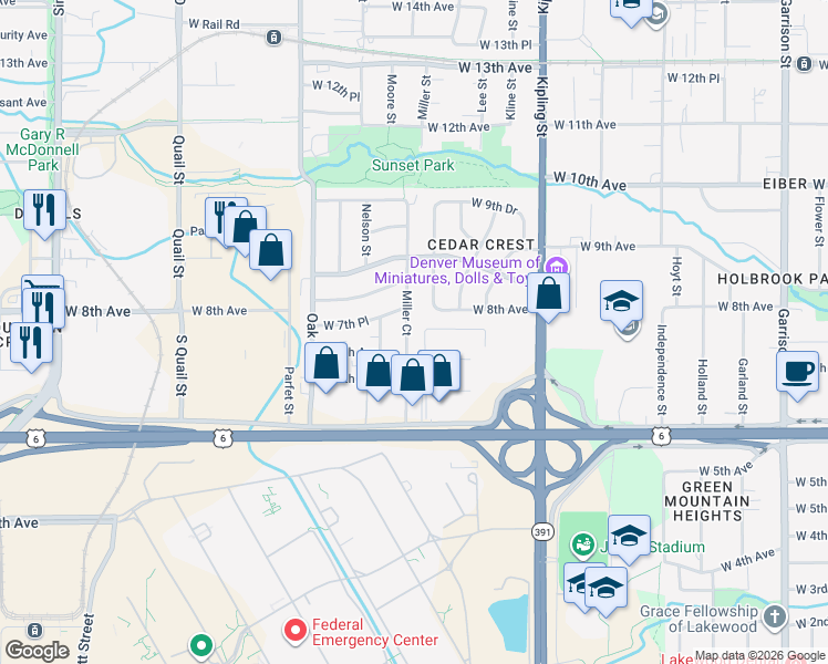 map of restaurants, bars, coffee shops, grocery stores, and more near 10280 West 8th Avenue in Lakewood
