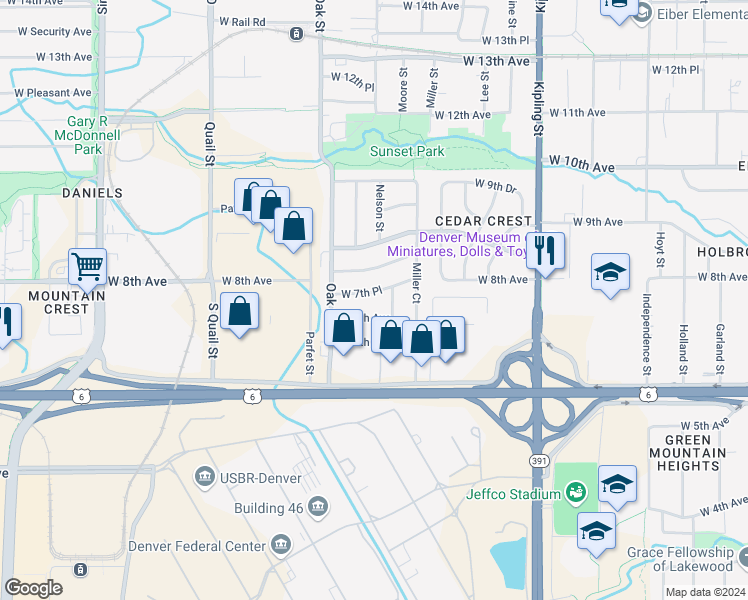 map of restaurants, bars, coffee shops, grocery stores, and more near 10645 West 7th Place in Lakewood