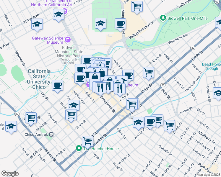 map of restaurants, bars, coffee shops, grocery stores, and more near in Chico
