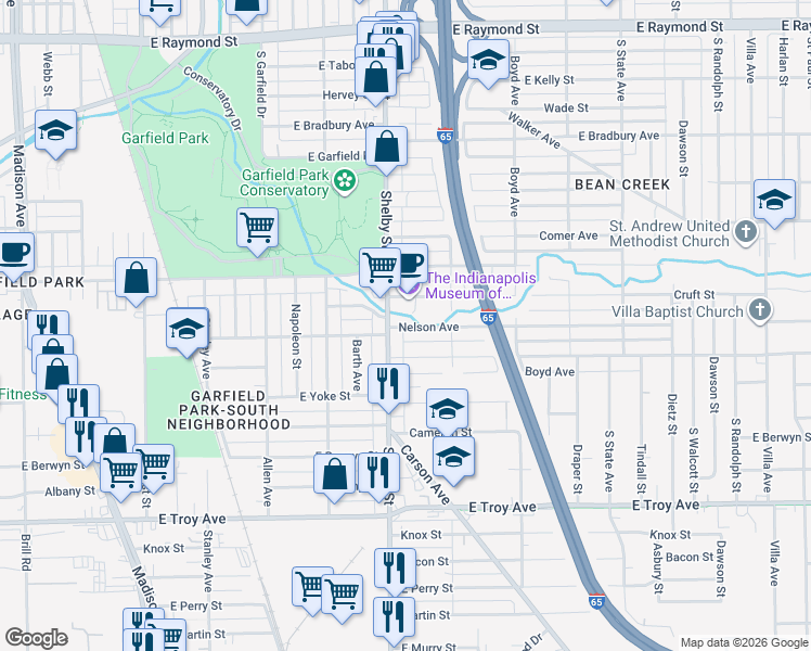 map of restaurants, bars, coffee shops, grocery stores, and more near 1125 Cruft Street in Indianapolis