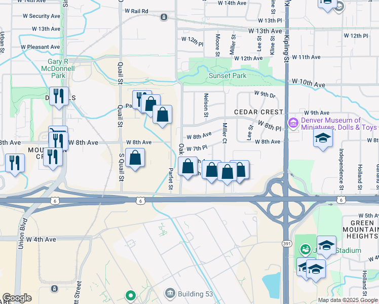 map of restaurants, bars, coffee shops, grocery stores, and more near 10720 West 7th Place in Lakewood
