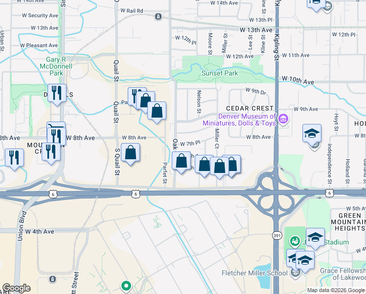 map of restaurants, bars, coffee shops, grocery stores, and more near 10720 West 7th Place in Lakewood