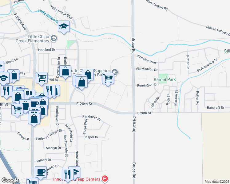 map of restaurants, bars, coffee shops, grocery stores, and more near 2476 Builders Place in Chico