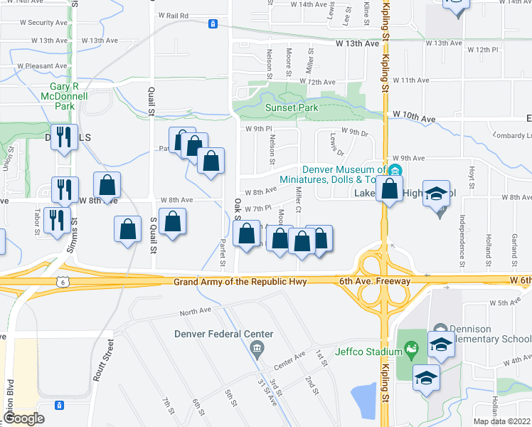 map of restaurants, bars, coffee shops, grocery stores, and more near 10610 W 7th Pl in Lakewood
