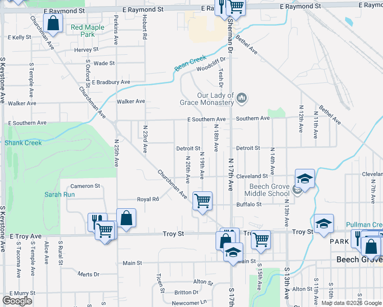 map of restaurants, bars, coffee shops, grocery stores, and more near 402 North 19th Avenue in Beech Grove