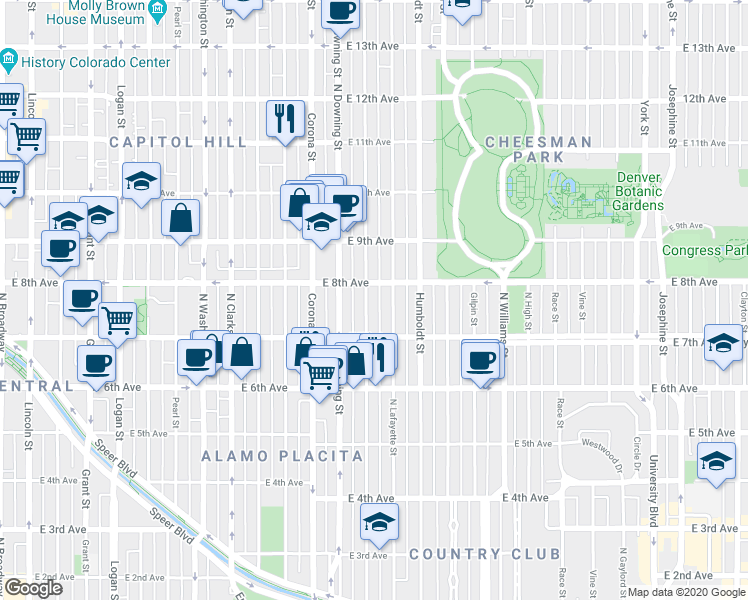 map of restaurants, bars, coffee shops, grocery stores, and more near 766 North Marion Street in Denver