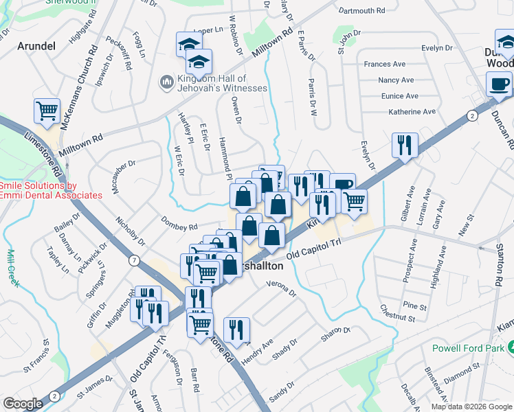 map of restaurants, bars, coffee shops, grocery stores, and more near 4391 Kirkwood Highway in Wilmington