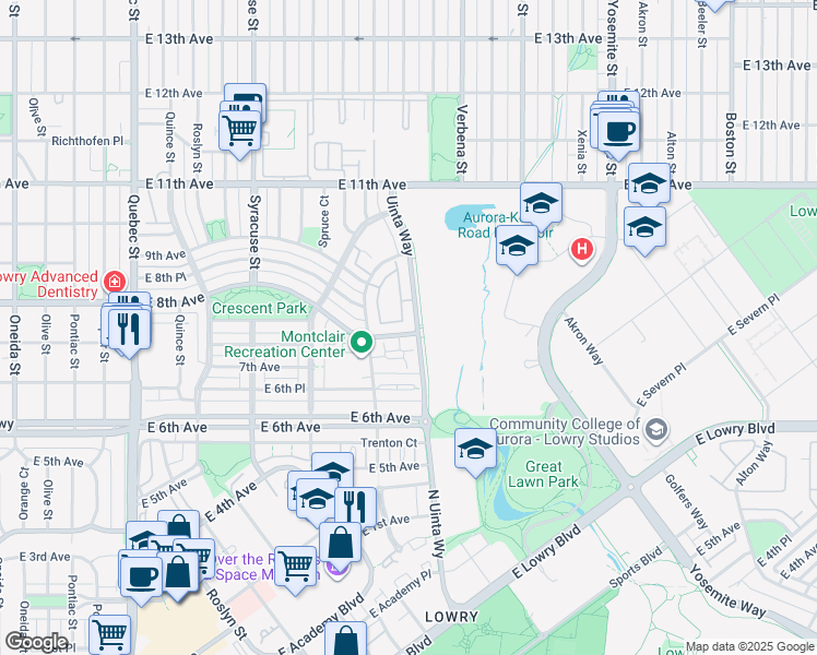 map of restaurants, bars, coffee shops, grocery stores, and more near 823 Uinta Way in Denver