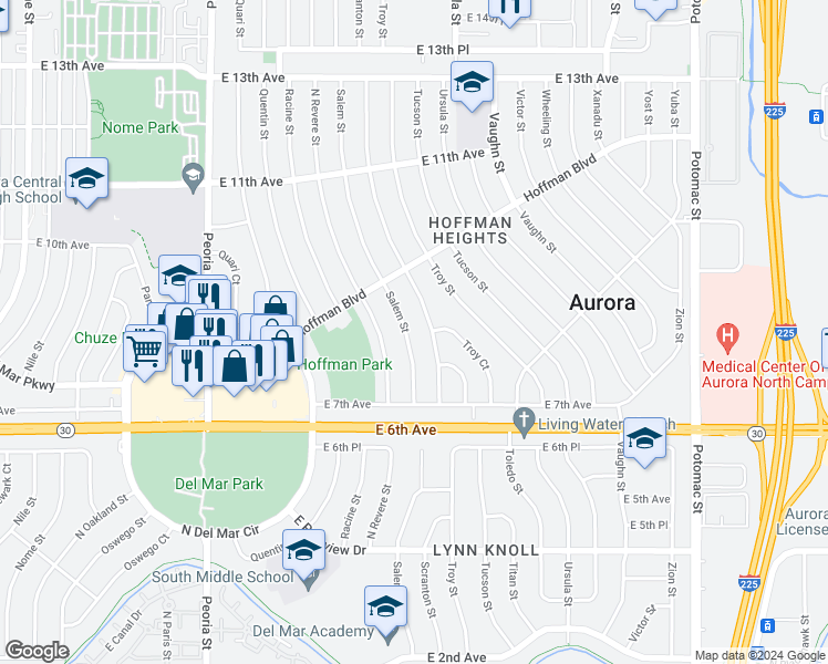 map of restaurants, bars, coffee shops, grocery stores, and more near 800 Salem Street in Aurora