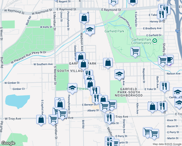 map of restaurants, bars, coffee shops, grocery stores, and more near 2635 Madison Avenue in Indianapolis