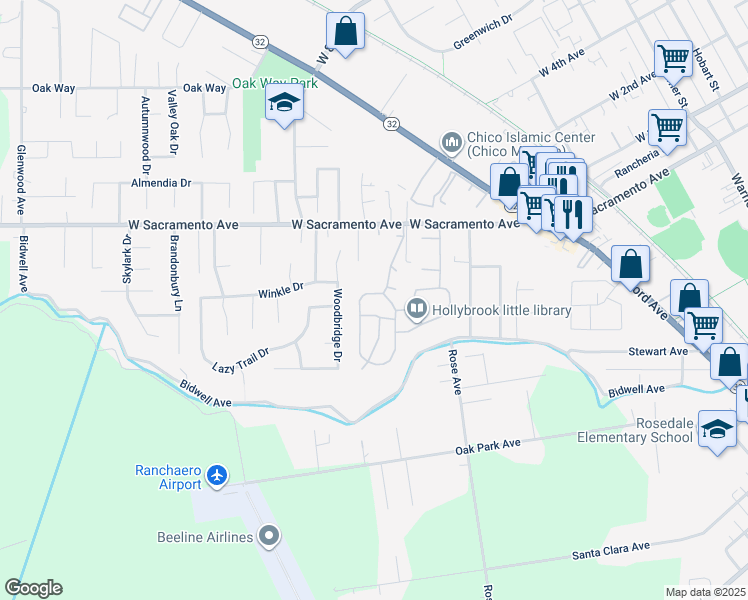 map of restaurants, bars, coffee shops, grocery stores, and more near 788 Victorian Park Drive in Chico