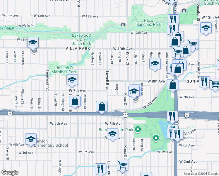 map of restaurants, bars, coffee shops, grocery stores, and more near 3636 West 8th Avenue in Denver