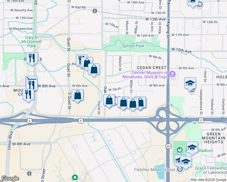 map of restaurants, bars, coffee shops, grocery stores, and more near 10645 West 7th Place in Lakewood