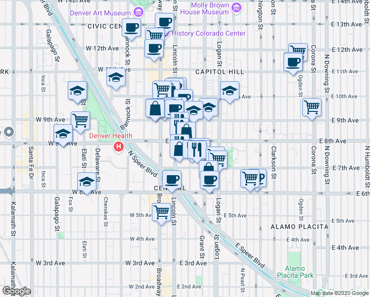 map of restaurants, bars, coffee shops, grocery stores, and more near 137 East 8th Avenue in Denver