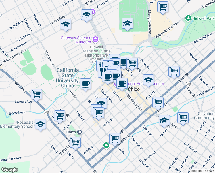 map of restaurants, bars, coffee shops, grocery stores, and more near 230 Salem Street in Chico