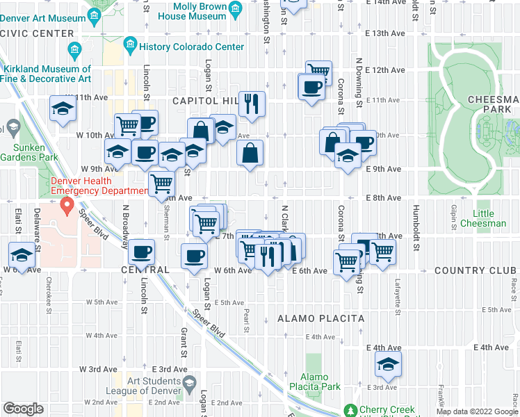 map of restaurants, bars, coffee shops, grocery stores, and more near in Denver