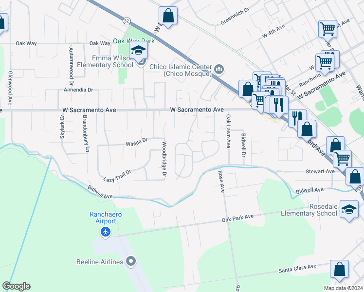 map of restaurants, bars, coffee shops, grocery stores, and more near 788 Victorian Park Drive in Chico