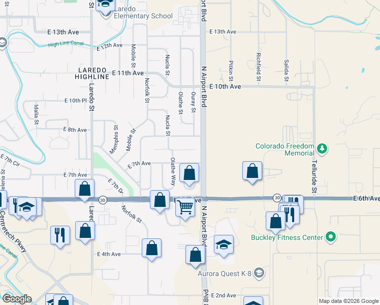 map of restaurants, bars, coffee shops, grocery stores, and more near 16765 East 7th Place in Aurora