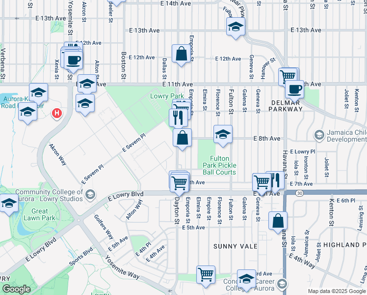 map of restaurants, bars, coffee shops, grocery stores, and more near 798 Dayton Street in Aurora