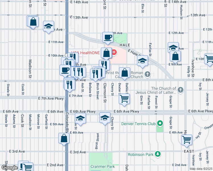 map of restaurants, bars, coffee shops, grocery stores, and more near 785 Cherry Street in Denver