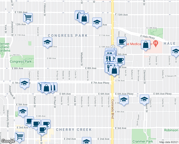 map of restaurants, bars, coffee shops, grocery stores, and more near 782 Monroe Street in Denver