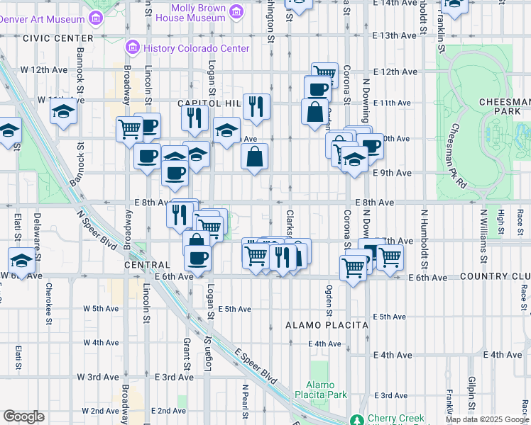 map of restaurants, bars, coffee shops, grocery stores, and more near in Denver