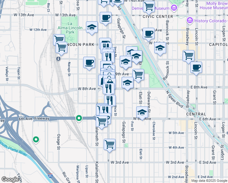 map of restaurants, bars, coffee shops, grocery stores, and more near 800 Santa Fe Drive in Denver