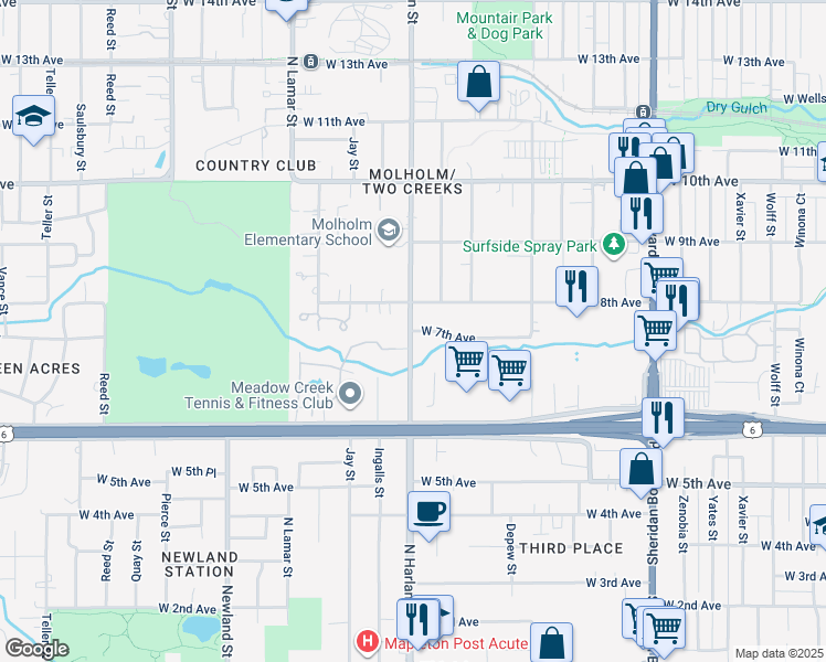 map of restaurants, bars, coffee shops, grocery stores, and more near 755 North Harlan Street in Lakewood