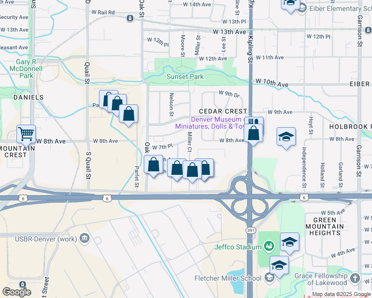 map of restaurants, bars, coffee shops, grocery stores, and more near 740 Moore Street in Lakewood