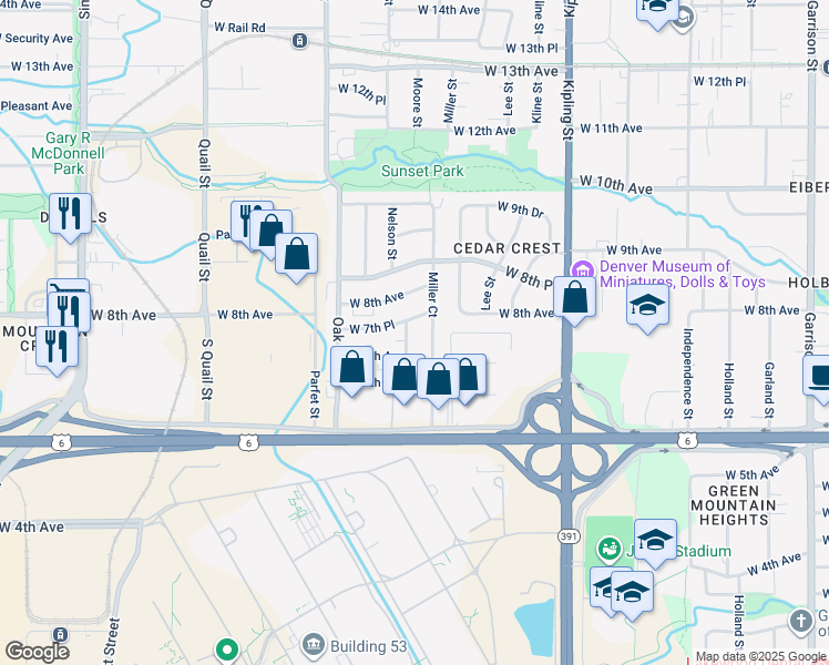 map of restaurants, bars, coffee shops, grocery stores, and more near 740 Moore Street in Lakewood