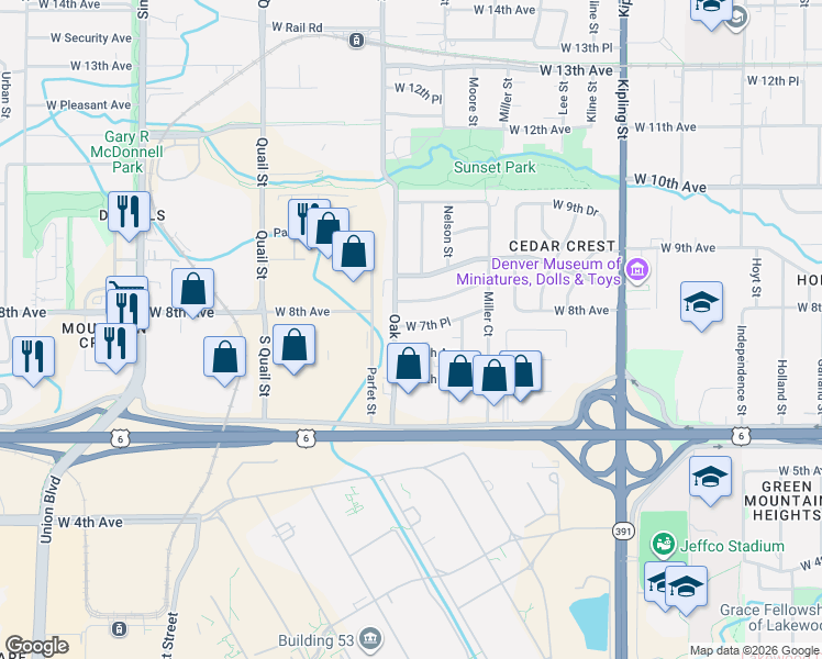 map of restaurants, bars, coffee shops, grocery stores, and more near 10765 West 7th Place in Denver