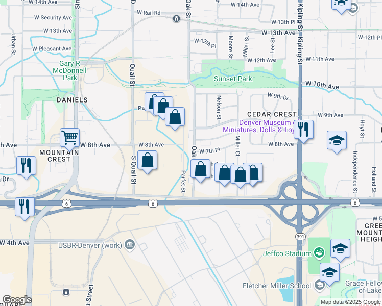 map of restaurants, bars, coffee shops, grocery stores, and more near 10765 West 7th Place in Denver