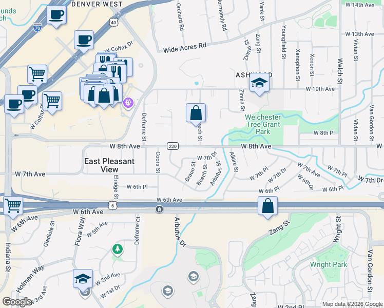 map of restaurants, bars, coffee shops, grocery stores, and more near 13470 West 8th Avenue in Golden